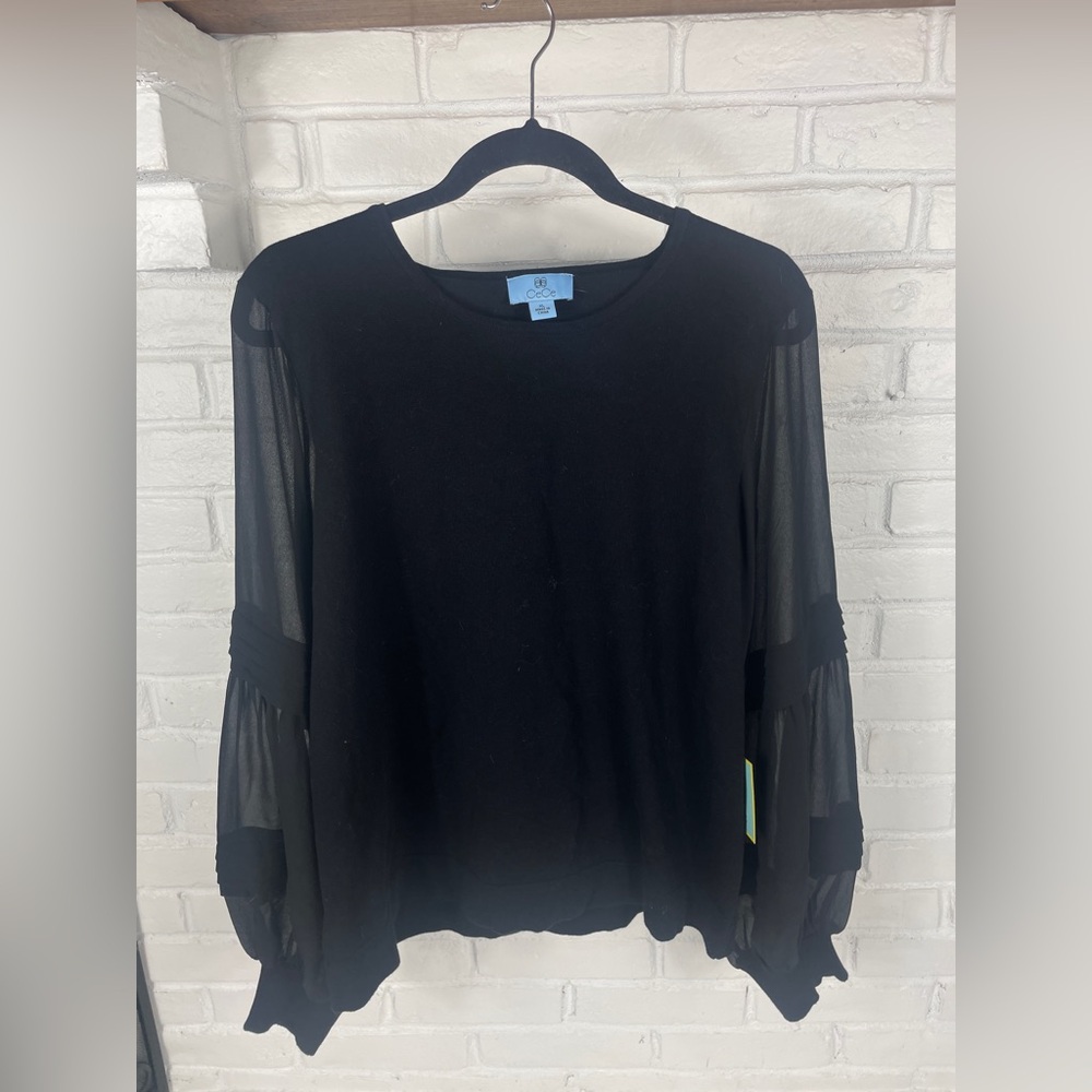 New CeCe by Cynthia Steffe black chiffon sleeve knit top XL women’s Solid Cotto